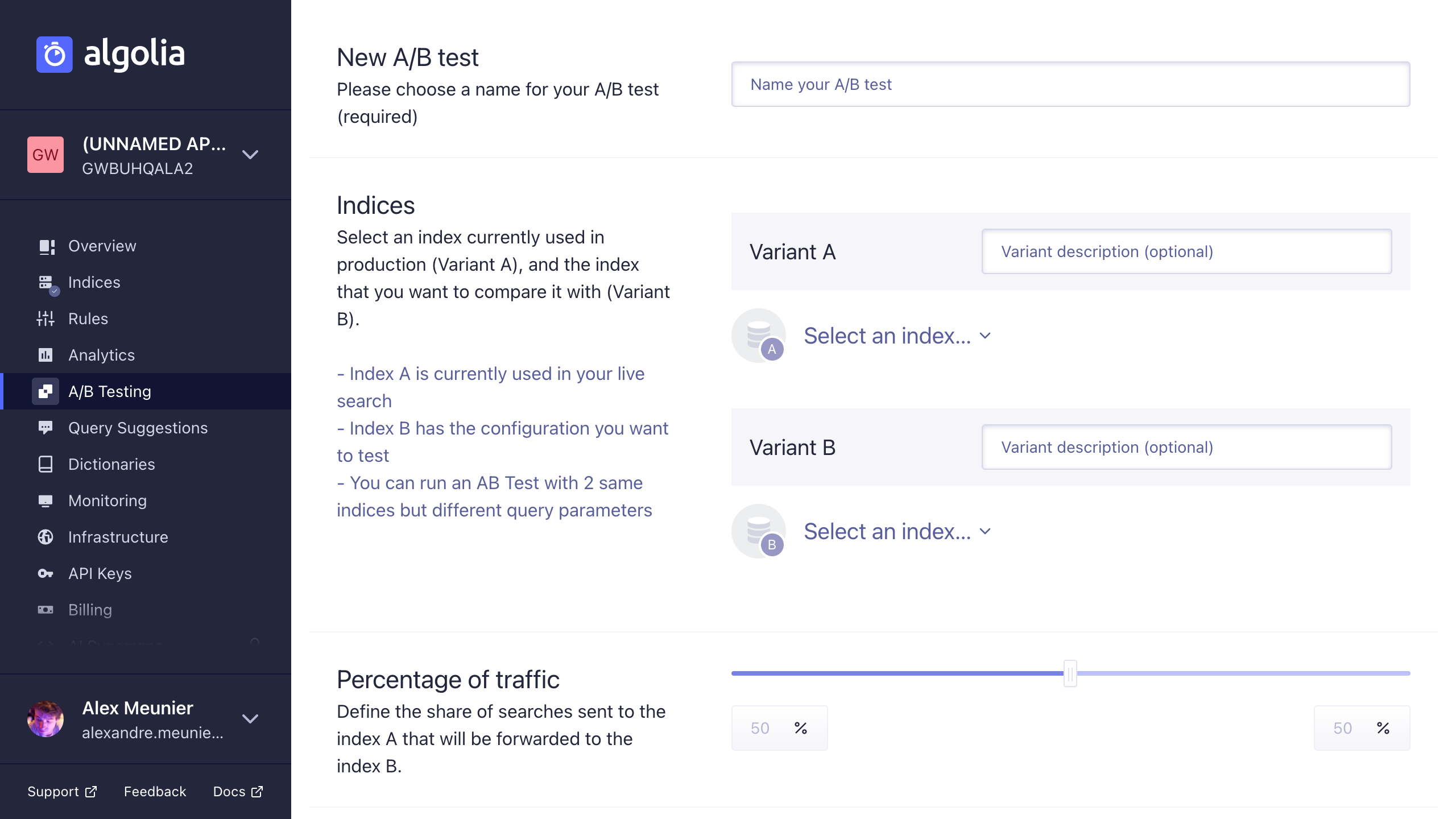 Creating an AB test on the dashboard