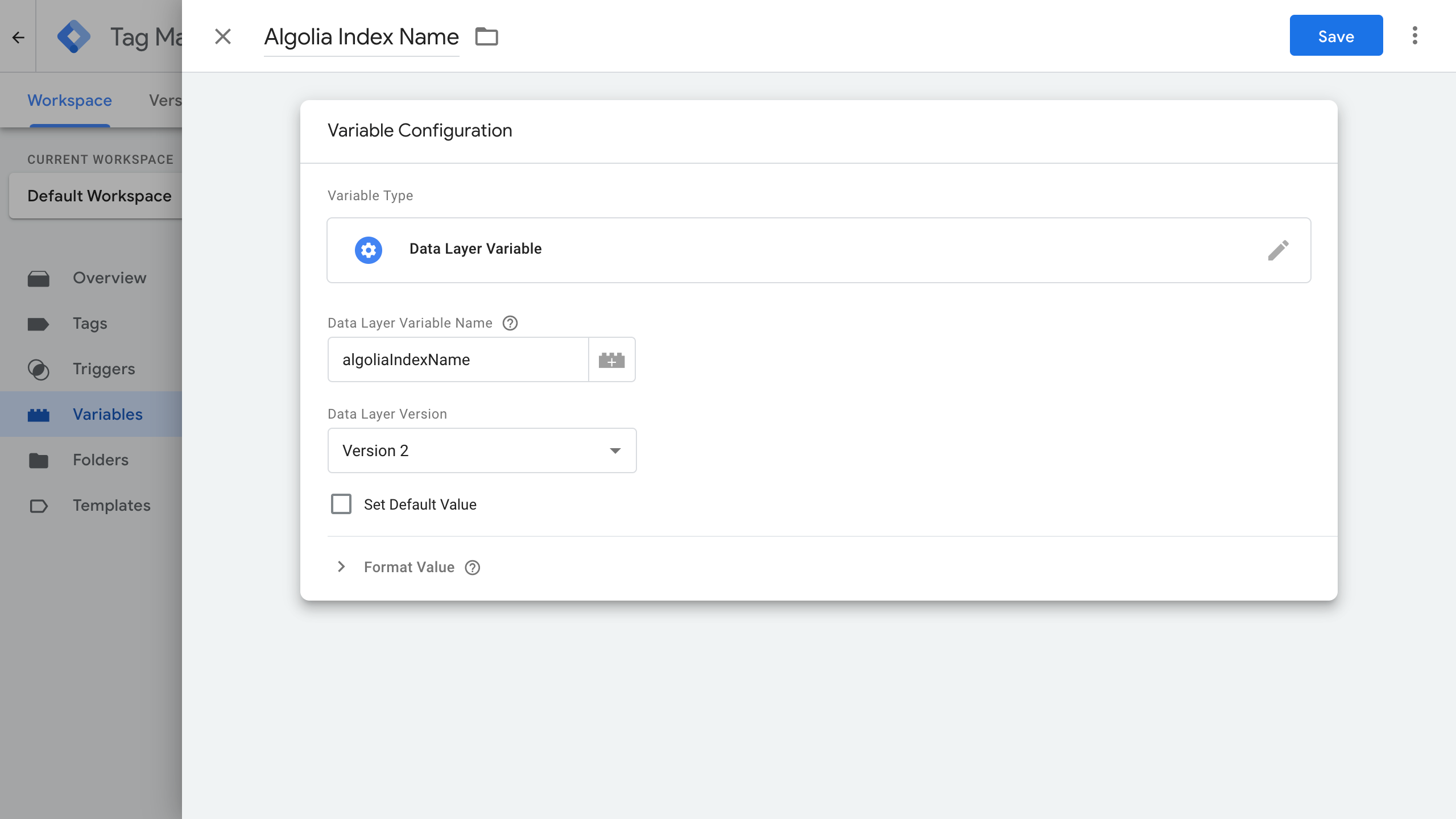 Save variable Algolia index name in GTM