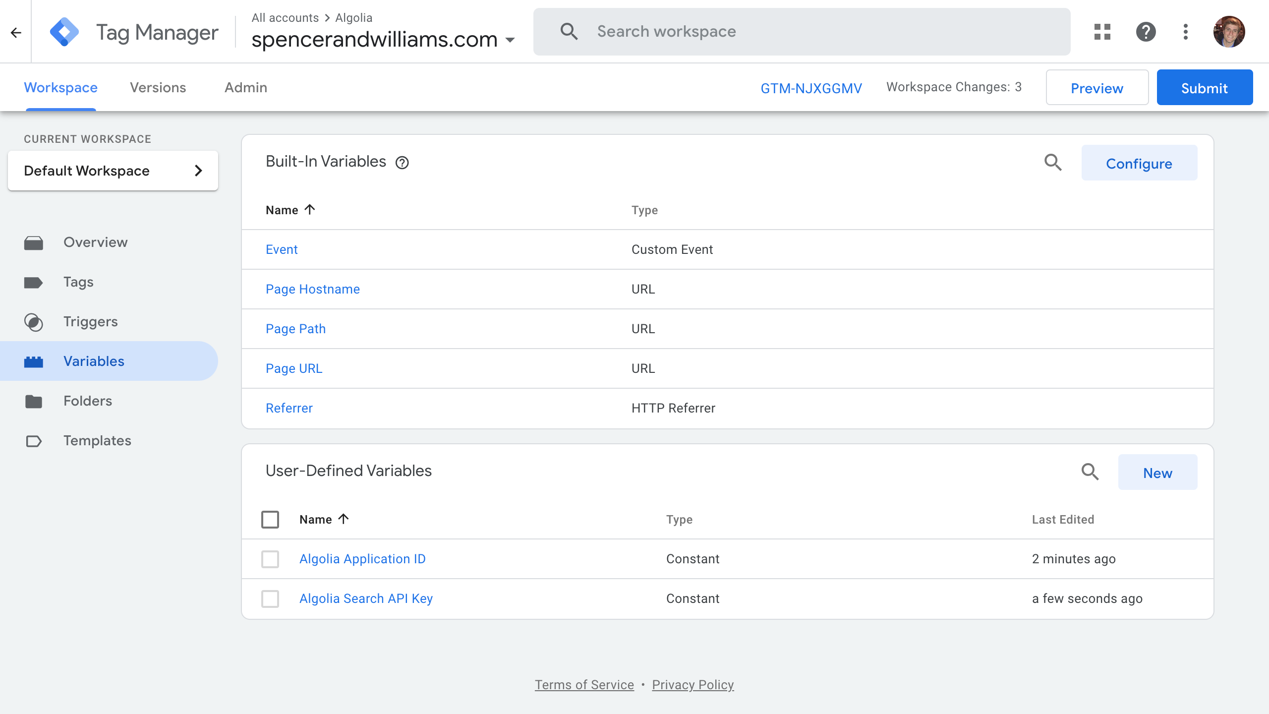 Algolia application ID and search API key added in GTM