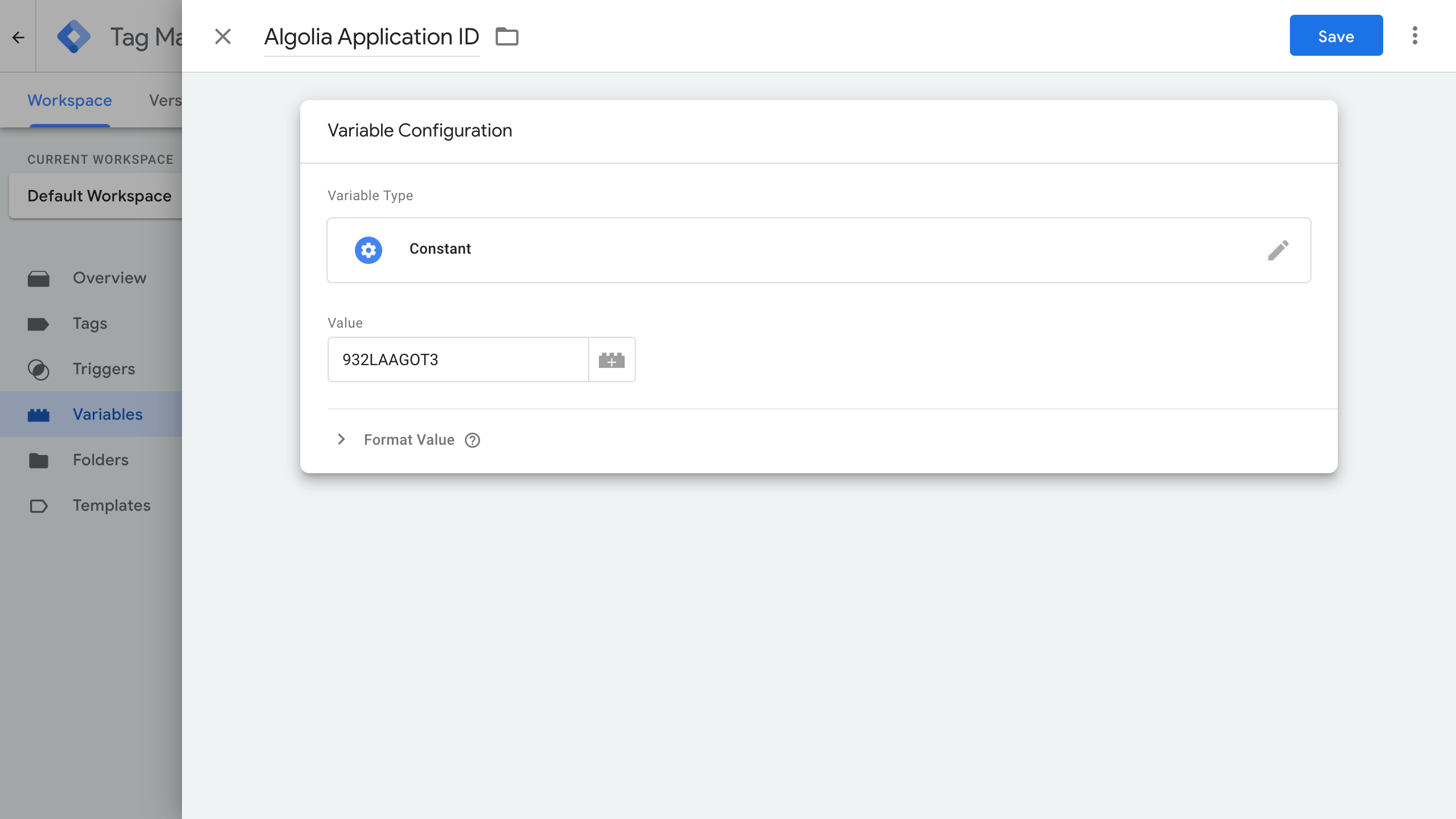 Save and add Algolia Application ID in GTM