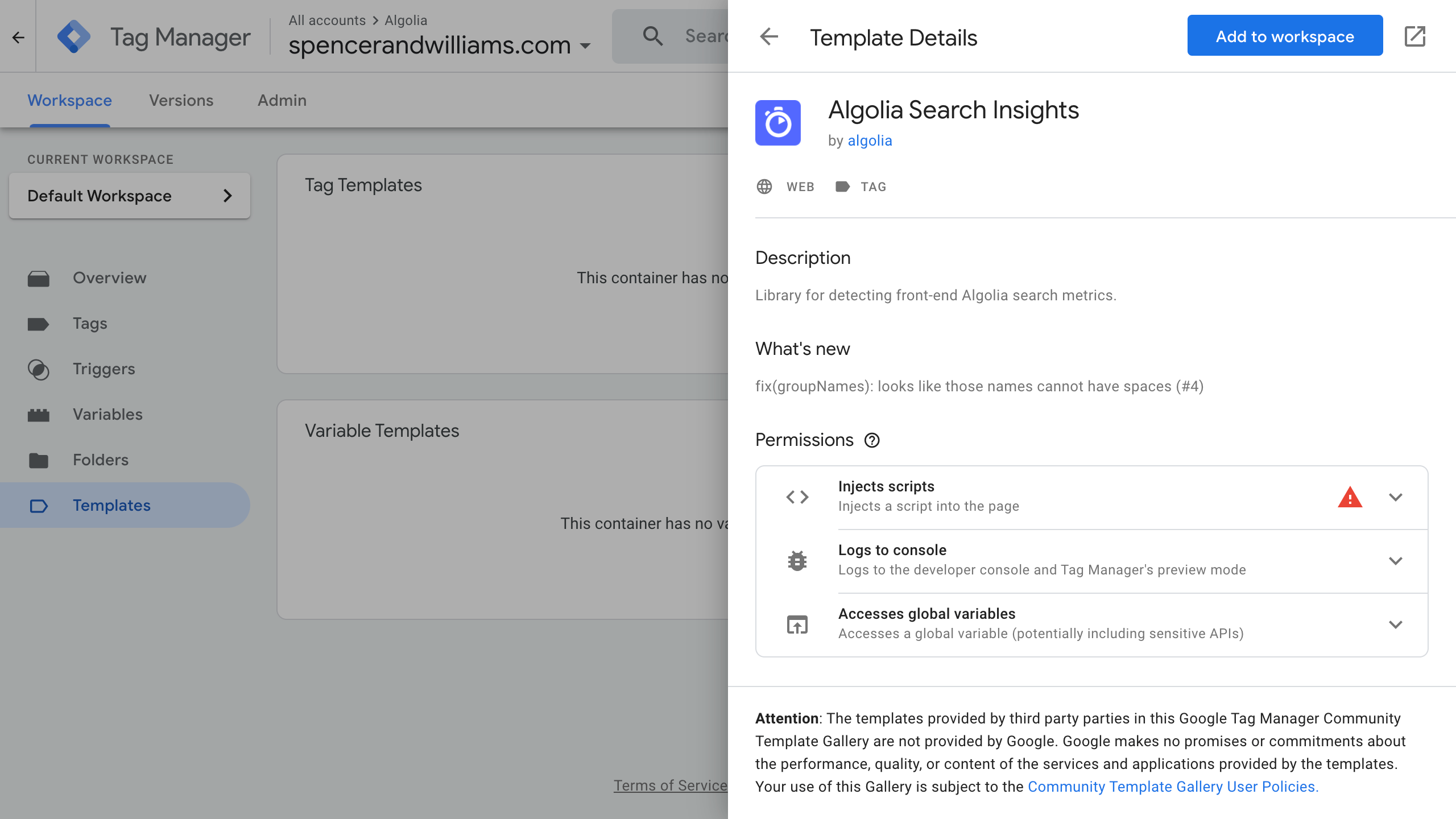 Select the Algolia Search Insights template in your Workspace