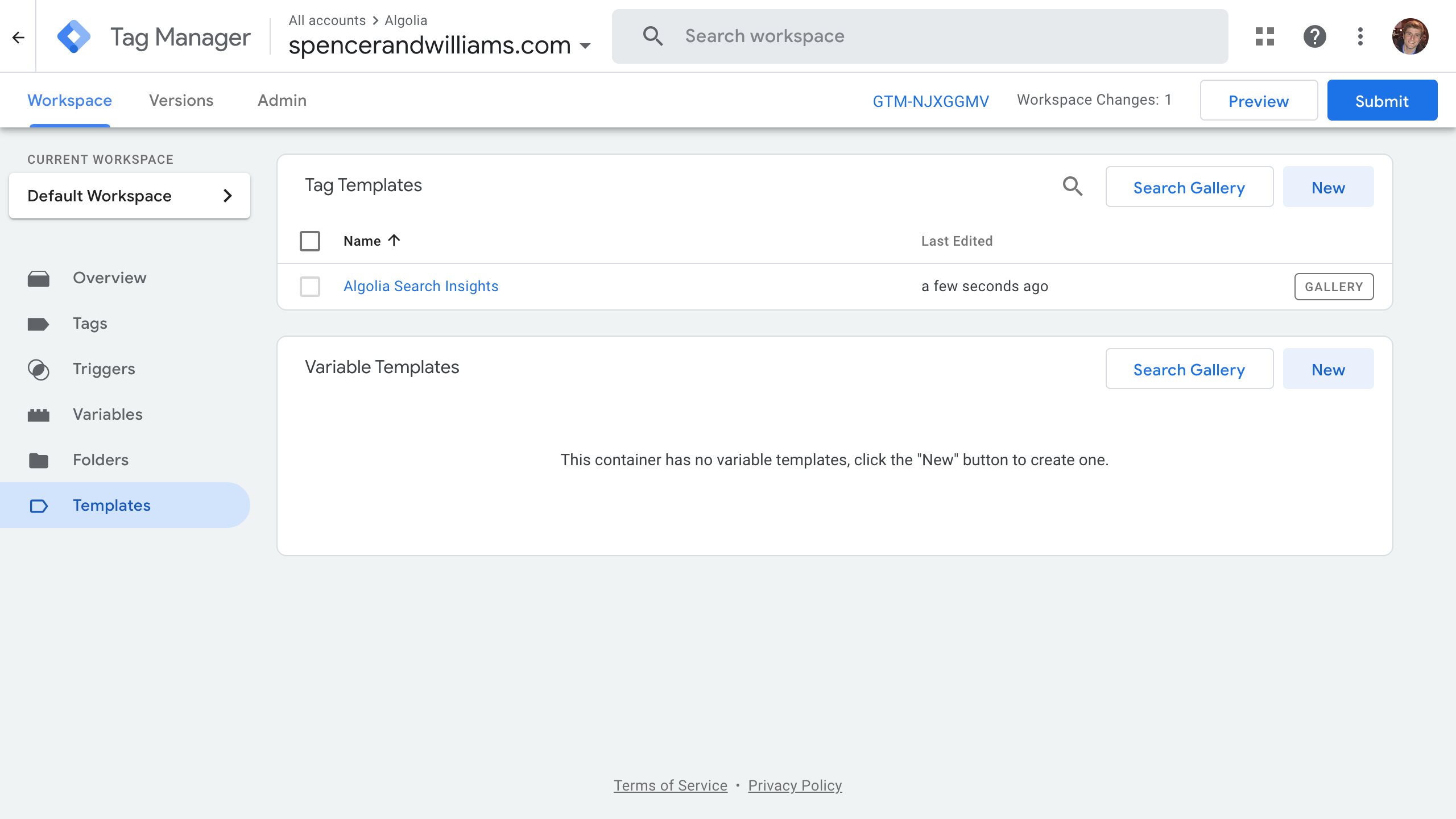 Algolia Search Insights template added in your Workspace