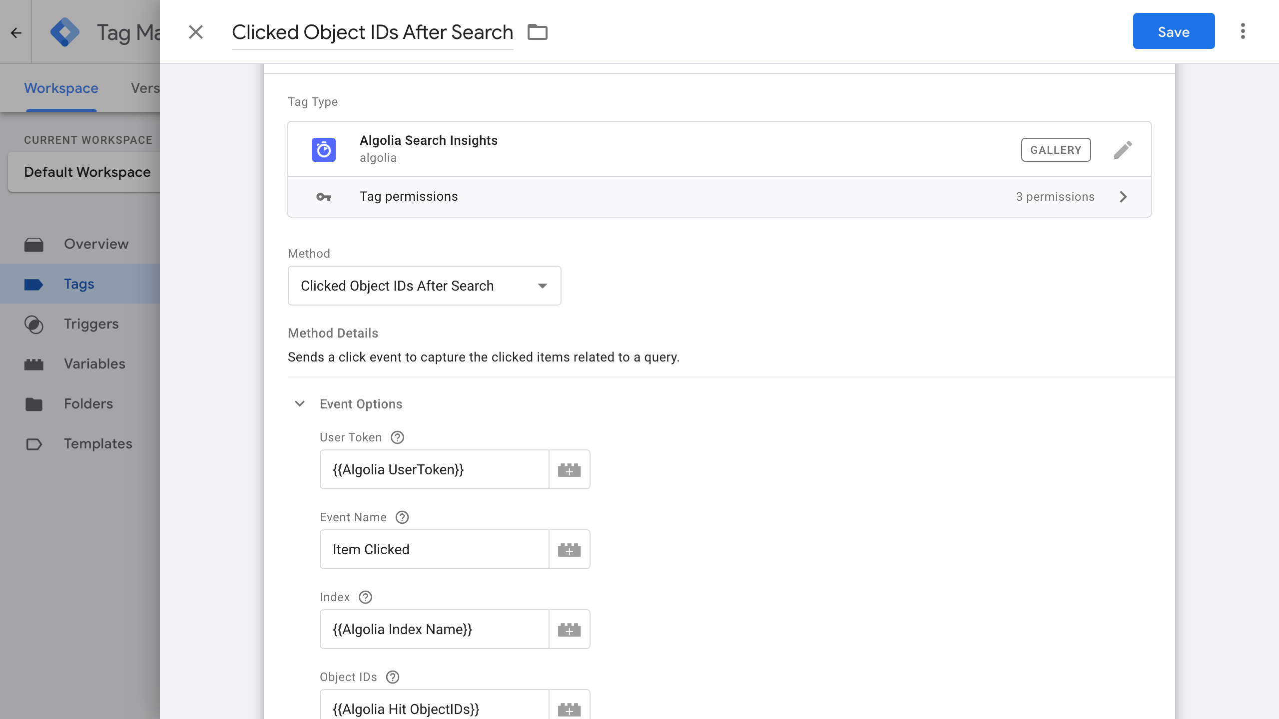 Save clicked objectid after search tag in GTM