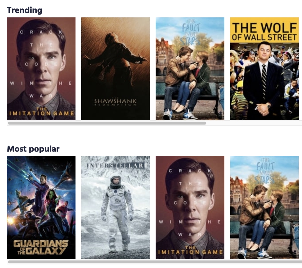Screenshot showing carousels for popular and trending movies
