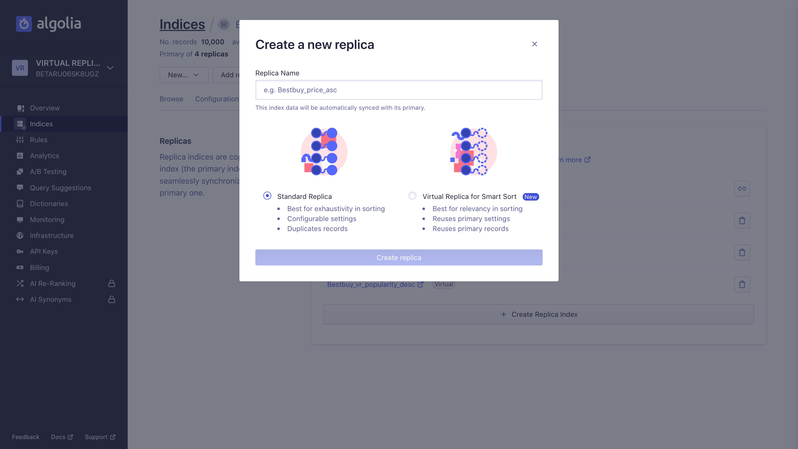 Creating a replica through the dashboard