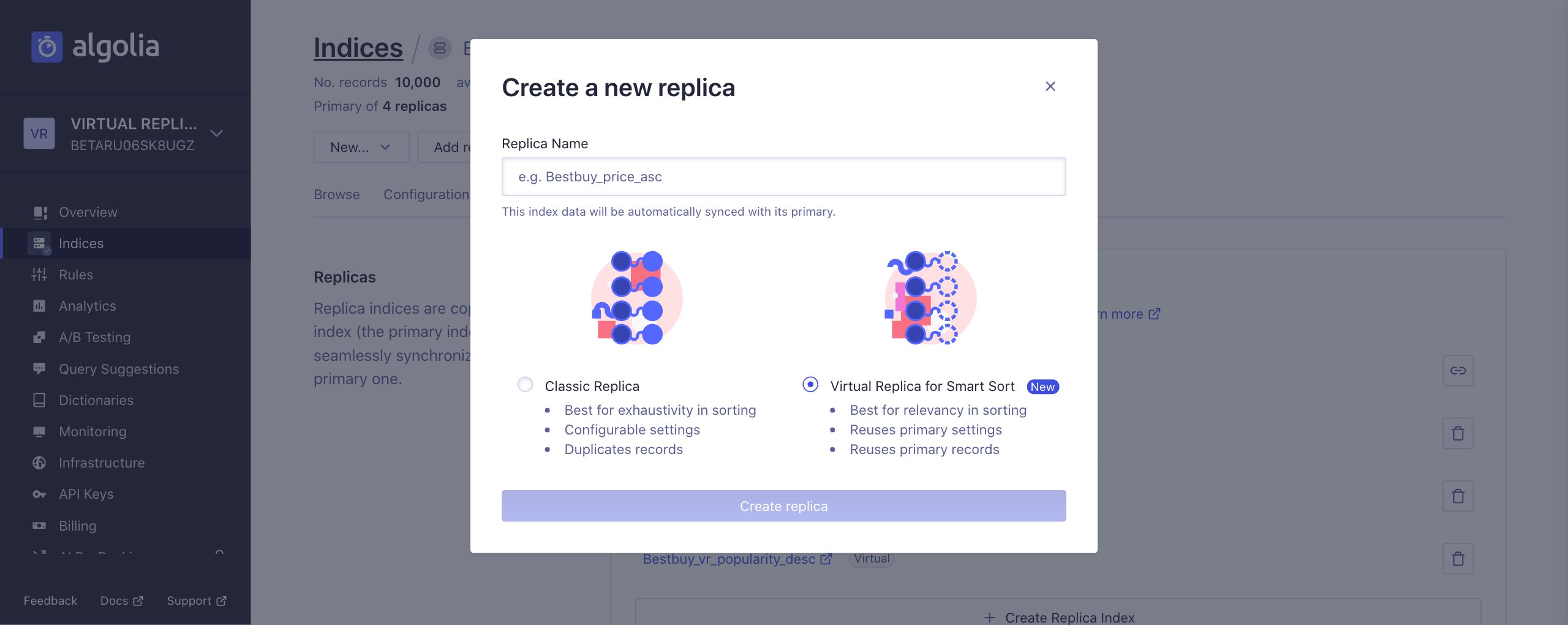 Creating a replica through the dashboard