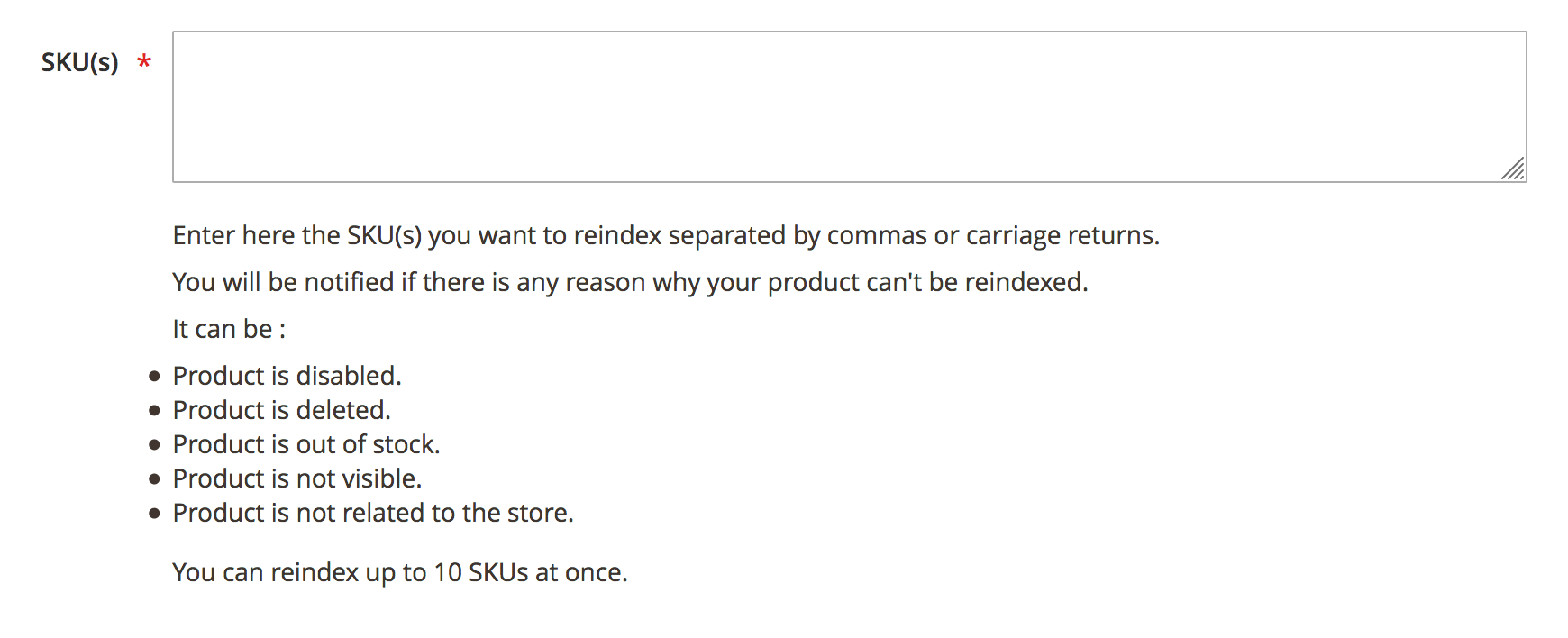 SKU reindexing form