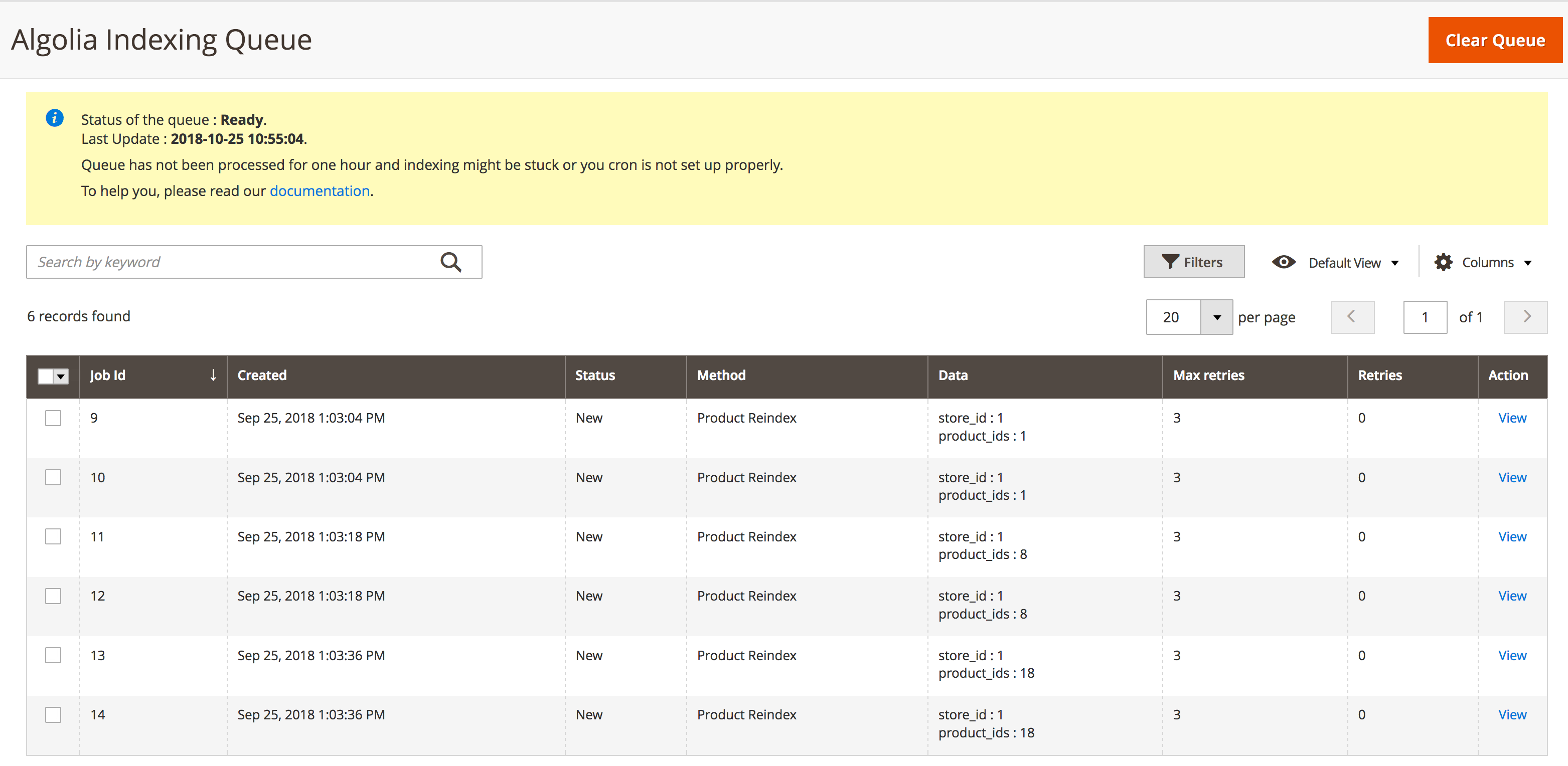 Indexing queue page