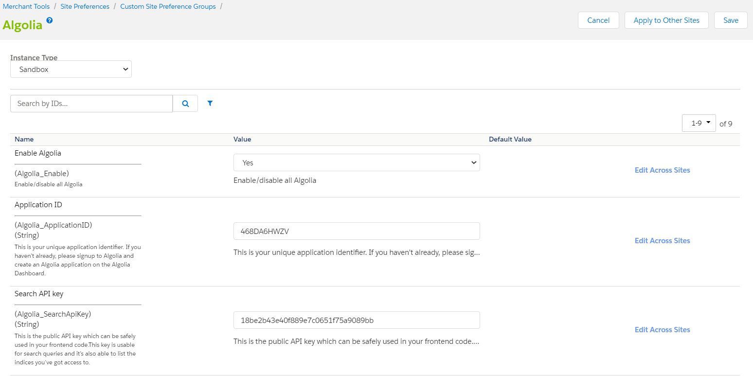 Configure Algolia Custom Preferences Group