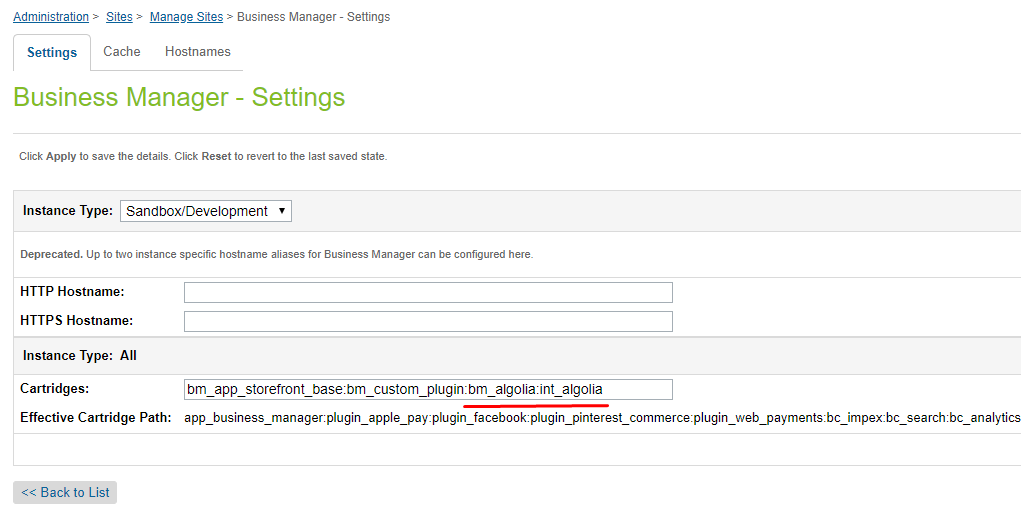 Add the Algolia cartridge to the Business Manager installation cartridge path