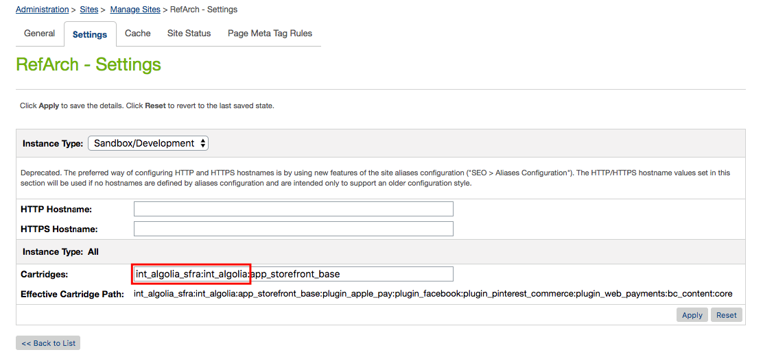 Add the Algolia cartridge to the SFRA site installation cartridge path