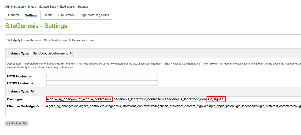 Add the Algolia cartridge to the SiteGenesis site  installation cartridge path