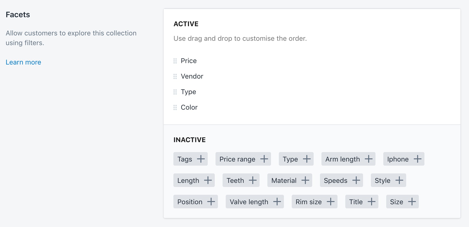 The Collection customization facets settings in the Shopify admin