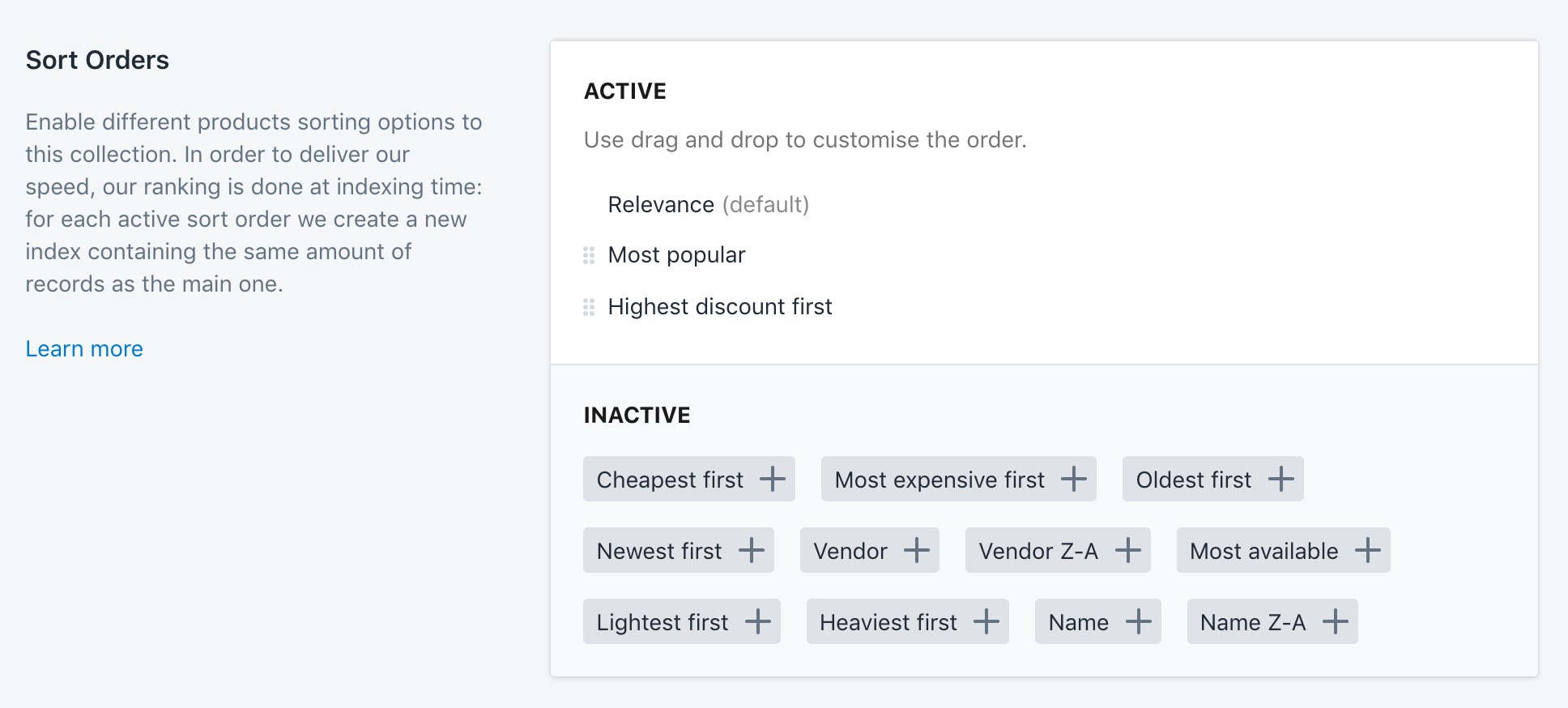 The Collection customisation sort orders settings in the Shopify admin