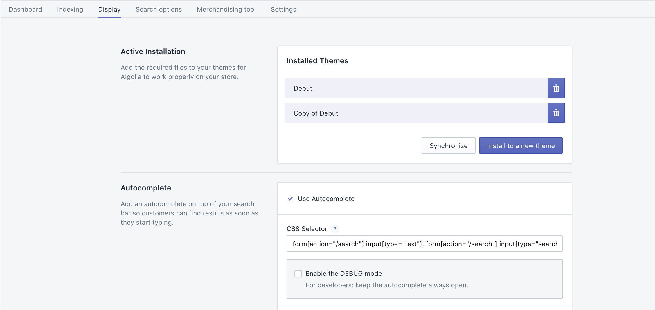 The display tab in your Shopify admin