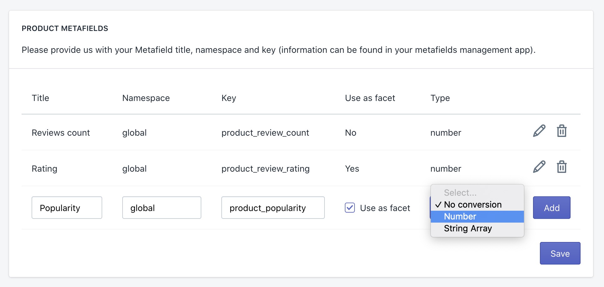 Add a metafield screen in the Shopify admin