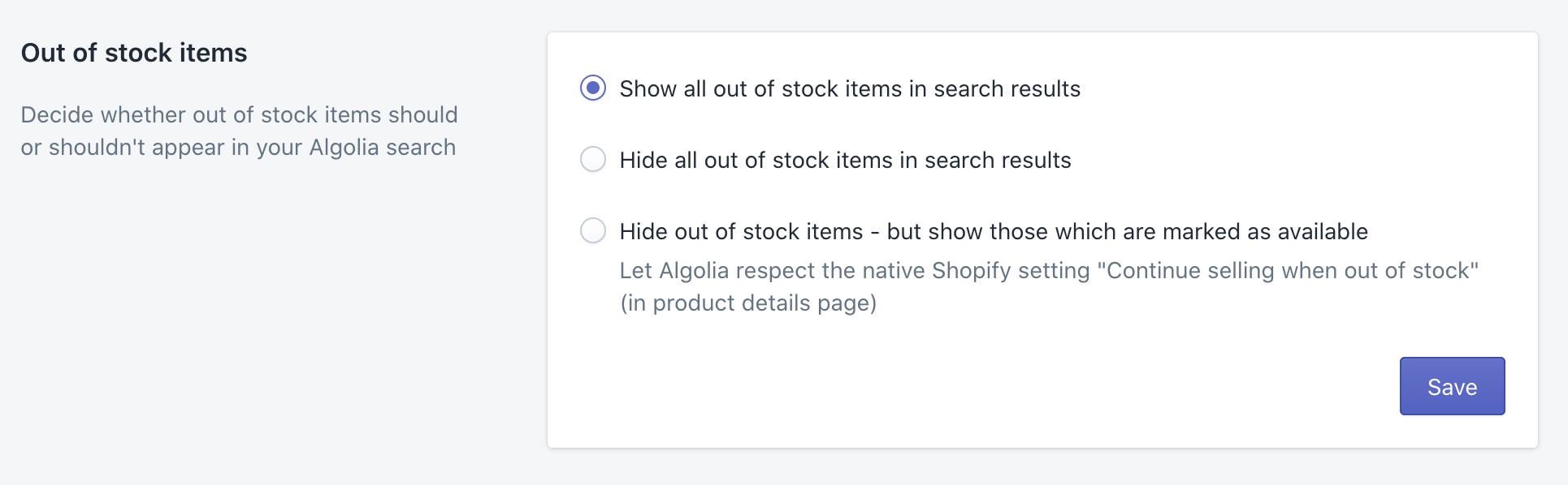 The stock policy feature in the Shopify admin