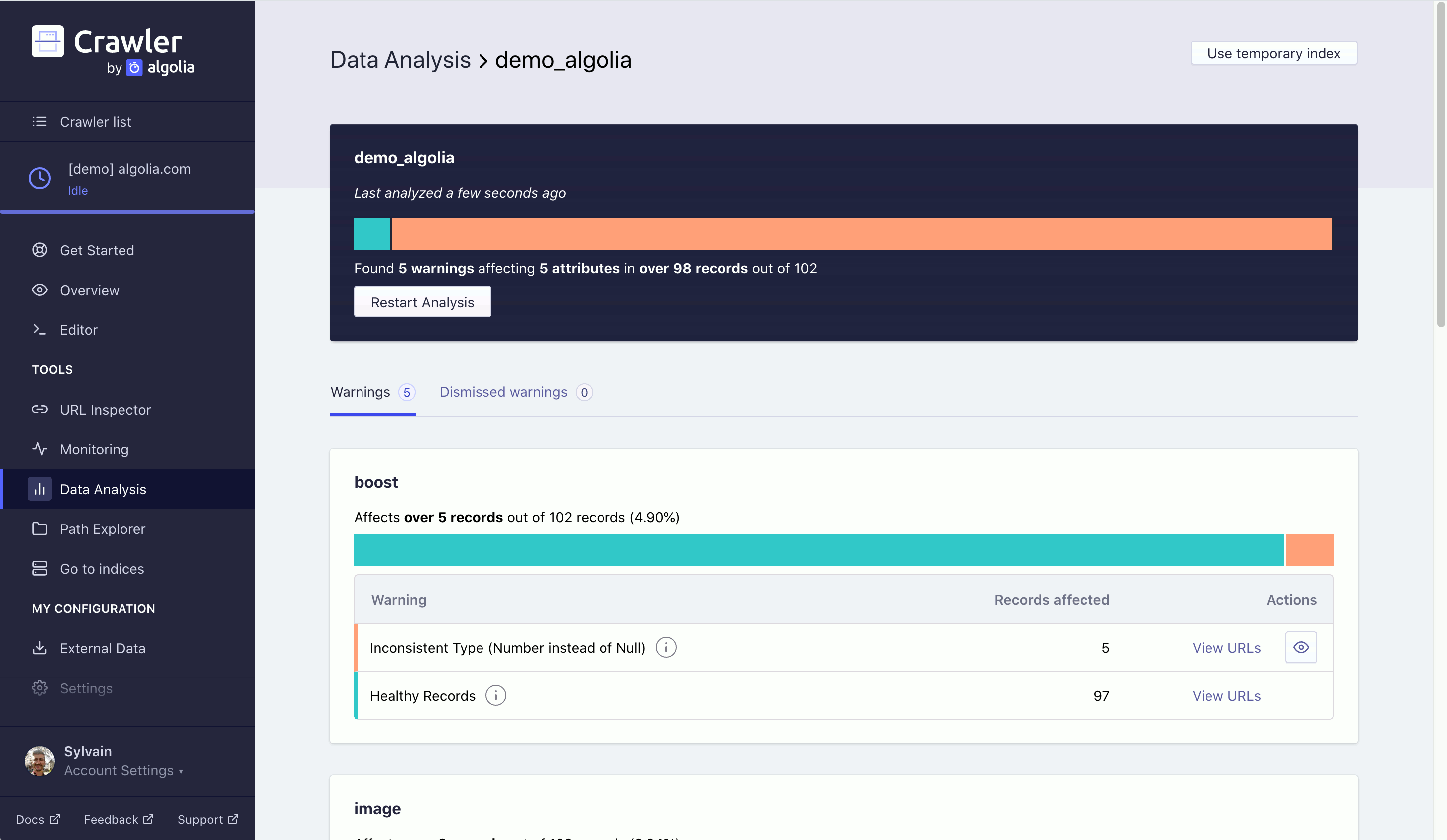 Data Analysis tab of the Crawler Admin