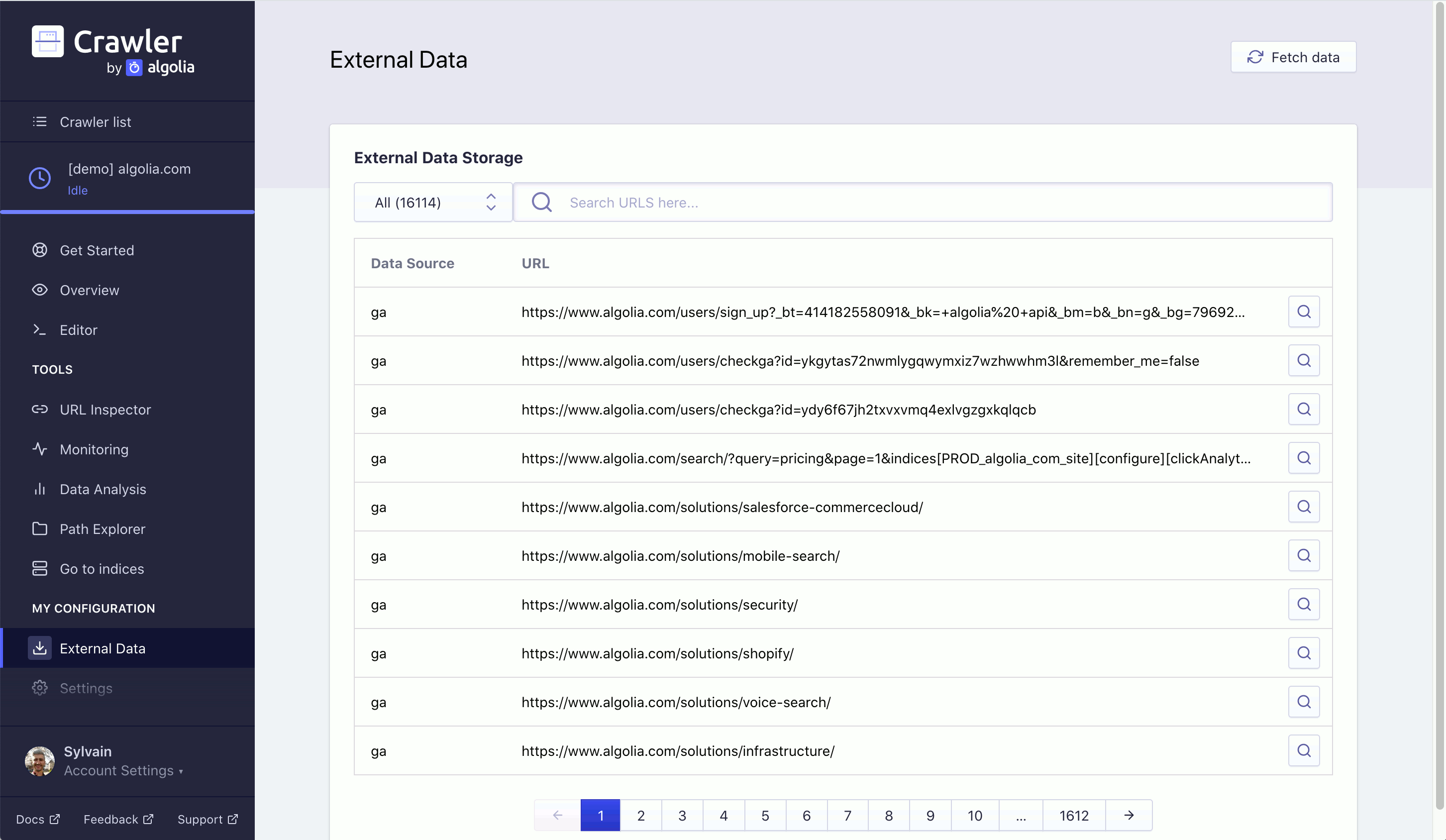 External Data tab of the Crawler Admin