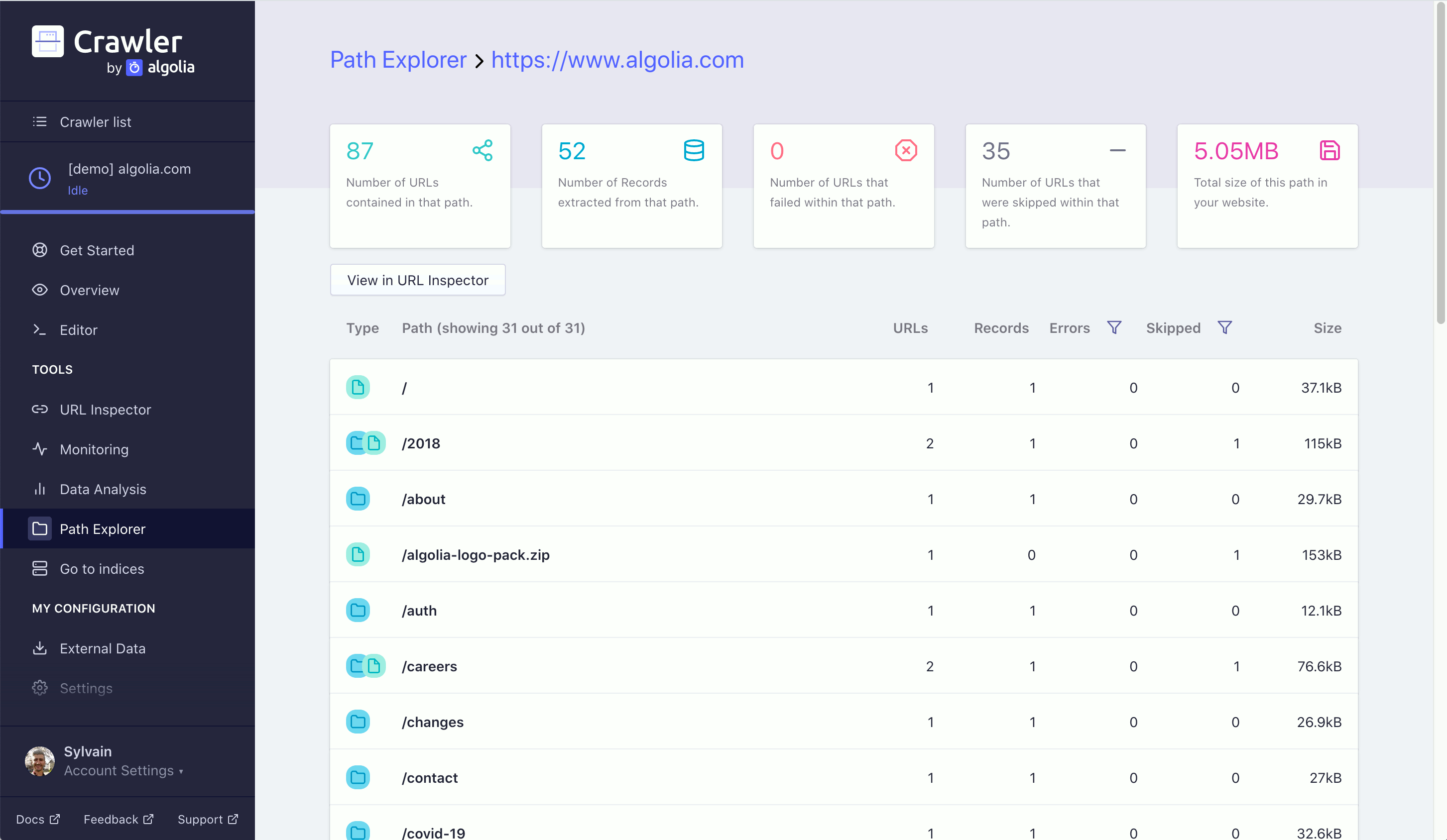 Path Explorer tab of the Crawler Admin