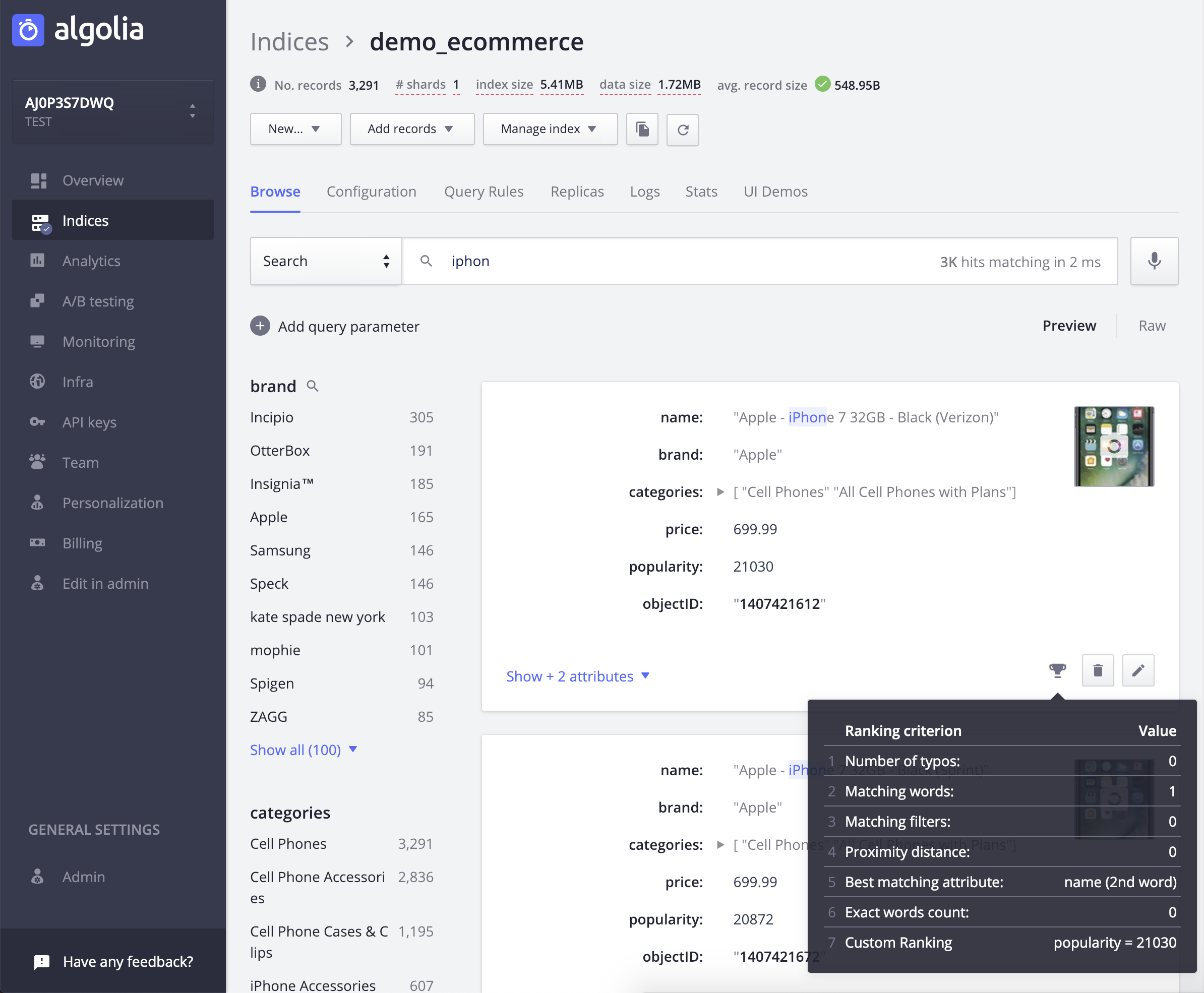 Indices page of the dashboard